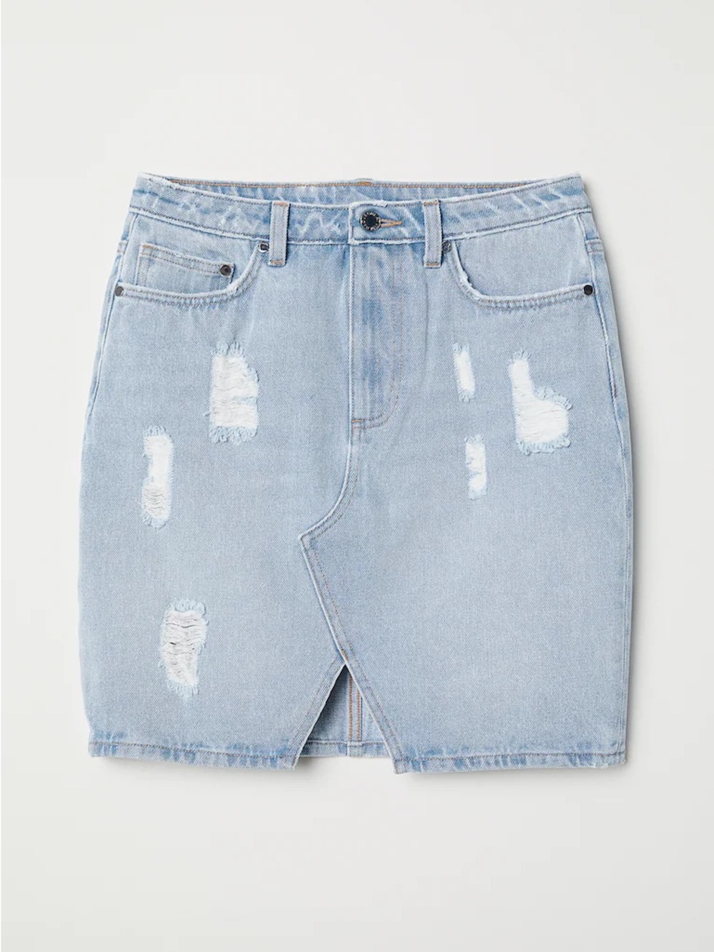 H&M| Light Blue Jean Distressed Denim Mini Skirt with Front Slit Sz 6